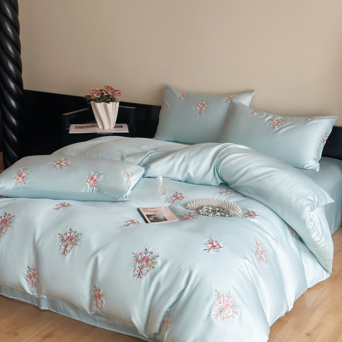 91家纺网 家纺一手货源 找家纺 （总）帝王家纺 2025新款小清新双面水洗天丝刺绣冰丝四件套夏季床单被套-花礼 礼盒包装