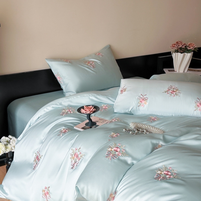 91家纺网 家纺一手货源 找家纺 （总）帝王家纺 2025新款小清新双面水洗天丝刺绣冰丝四件套夏季床单被套-花礼 礼盒包装