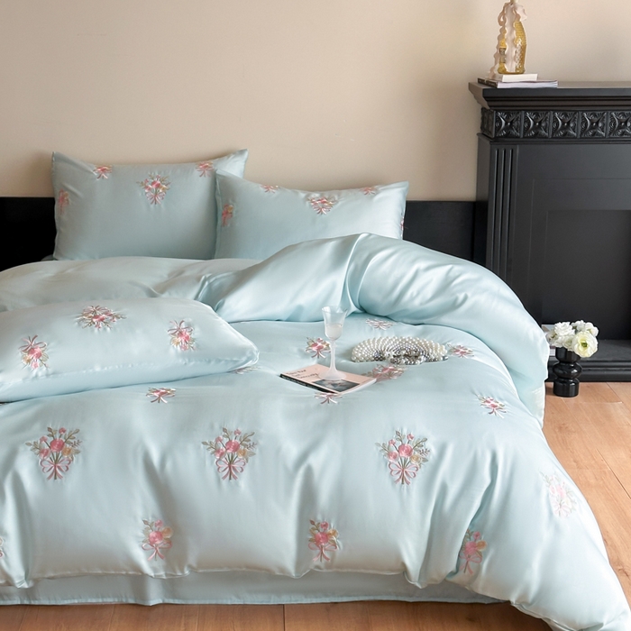 91家纺网 家纺一手货源 找家纺 （总）帝王家纺 2025新款小清新双面水洗天丝刺绣冰丝四件套夏季床单被套-花礼 礼盒包装