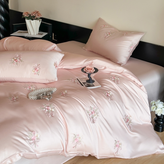 91家纺网 家纺一手货源 找家纺 （总）帝王家纺 2025新款小清新双面水洗天丝刺绣冰丝四件套夏季床单被套-花礼 礼盒包装