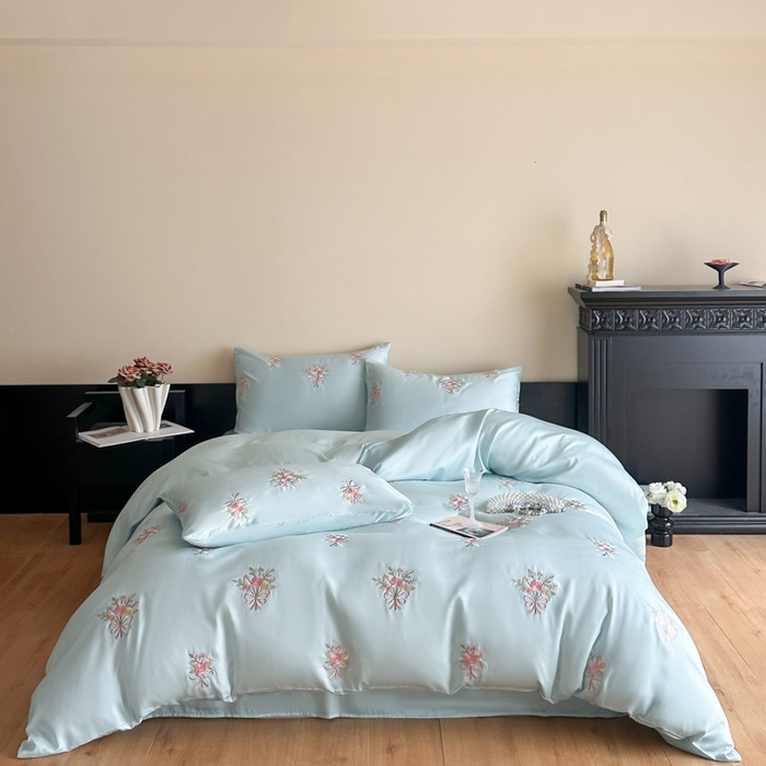 91家纺网 家纺一手货源 找家纺 帝王家纺 2025新款小清新双面水洗天丝刺绣冰丝四件套夏季床单被套-花礼 礼盒包装 青