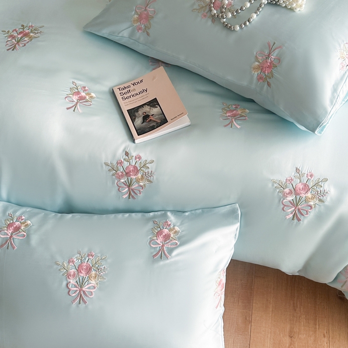 91家纺网 家纺一手货源 找家纺 （总）帝王家纺 2025新款小清新双面水洗天丝刺绣冰丝四件套夏季床单被套-花礼 礼盒包装