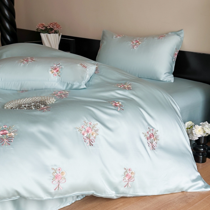91家纺网 家纺一手货源 找家纺 帝王家纺 2025新款小清新双面水洗天丝刺绣冰丝四件套夏季床单被套-花礼 礼盒包装 青