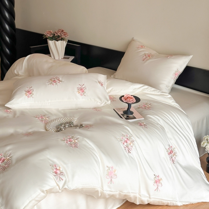 91家纺网 家纺一手货源 找家纺 （总）帝王家纺 2025新款小清新双面水洗天丝刺绣冰丝四件套夏季床单被套-花礼 礼盒包装