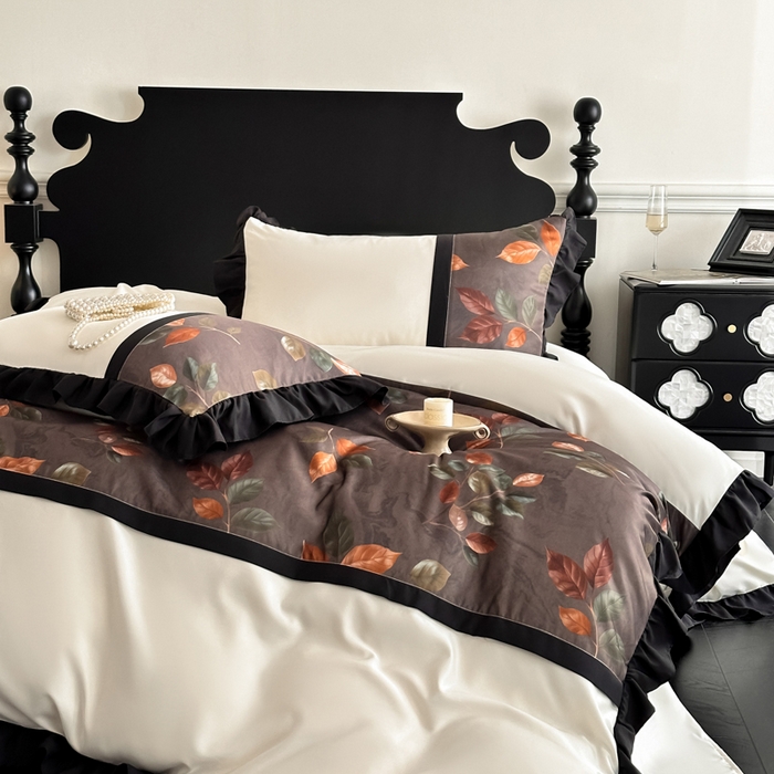 91家纺网 家纺一手货源 找家纺 帝王家纺 2025爆款双面水洗天丝印花冰丝四件套夏季床单被套-香叶 礼盒包装 香叶-棕