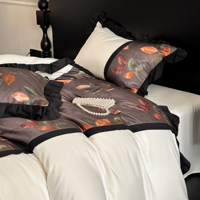 91家纺网 家纺一手货源 找家纺 帝王家纺 2025爆款双面水洗天丝印花冰丝四件套夏季床单被套-香叶 礼盒包装 香叶-棕