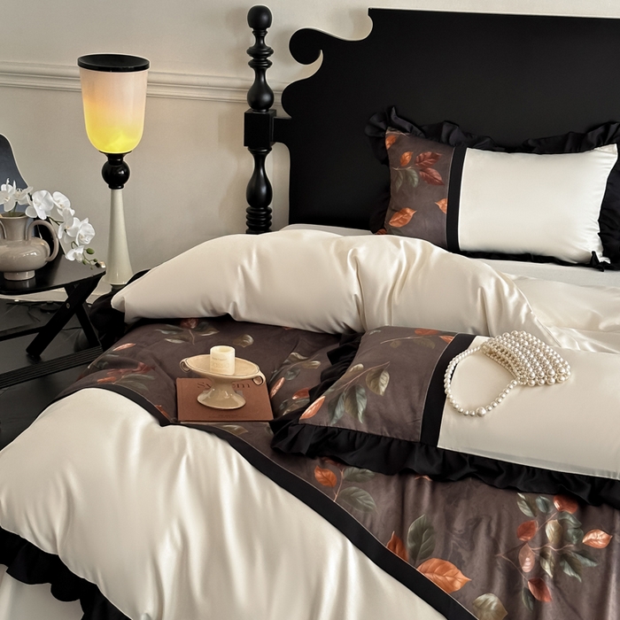 91家纺网 家纺一手货源 找家纺 帝王家纺 2025爆款双面水洗天丝印花冰丝四件套夏季床单被套-香叶 礼盒包装 香叶-棕