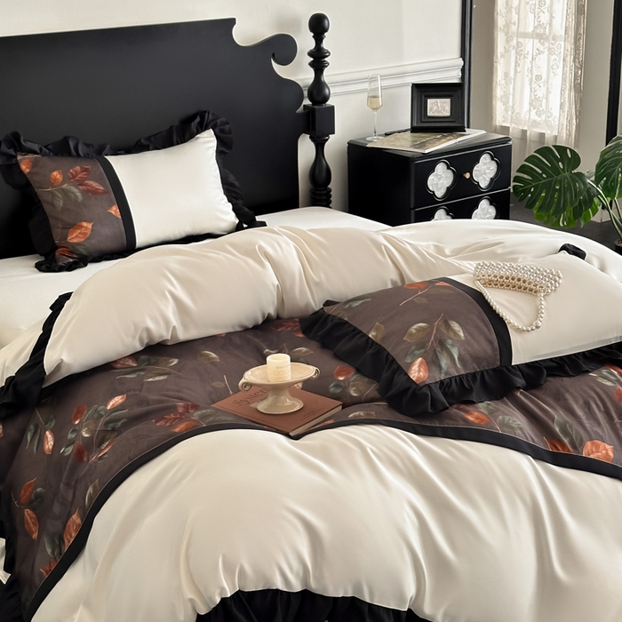 91家纺网 家纺一手货源 找家纺 帝王家纺 2025爆款双面水洗天丝印花冰丝四件套夏季床单被套-香叶 礼盒包装 香叶-棕