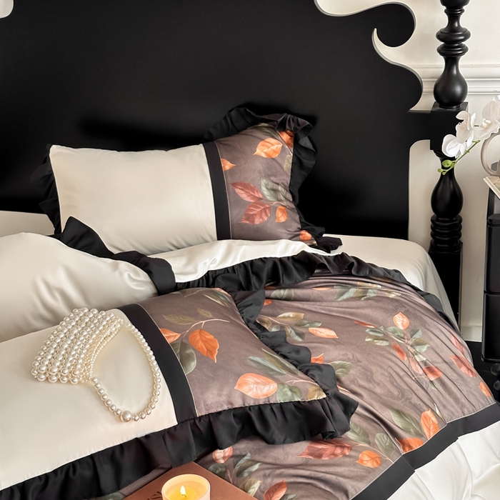 91家纺网 家纺一手货源 找家纺 帝王家纺 2025爆款双面水洗天丝印花冰丝四件套夏季床单被套-香叶 礼盒包装 香叶-棕