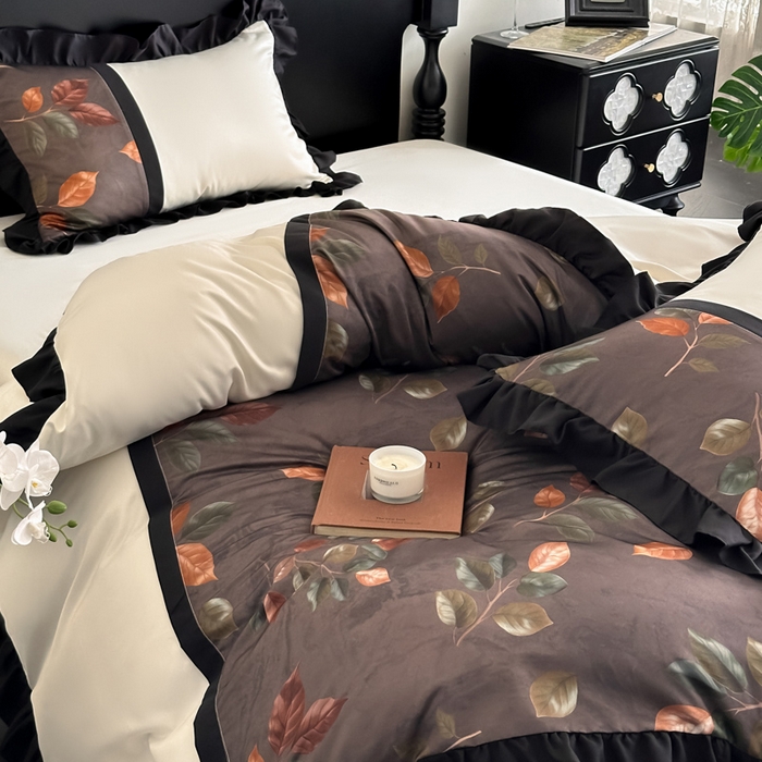 91家纺网 家纺一手货源 找家纺 帝王家纺 2025爆款双面水洗天丝印花冰丝四件套夏季床单被套-香叶 礼盒包装 香叶-棕