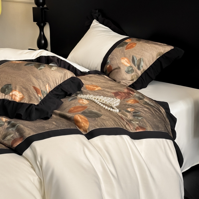 91家纺网 家纺一手货源 找家纺 帝王家纺 2025爆款双面水洗天丝印花冰丝四件套夏季床单被套-香叶 礼盒包装 香叶-咖