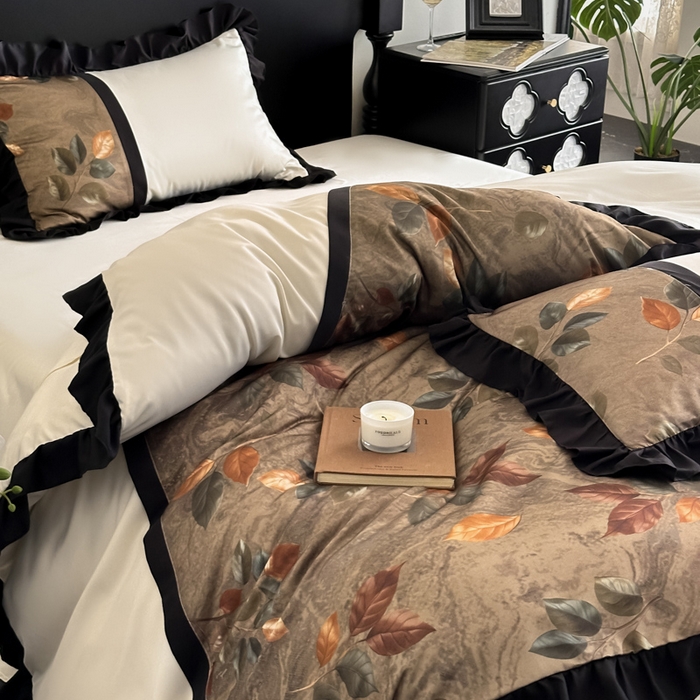 91家纺网 家纺一手货源 找家纺 帝王家纺 2025爆款双面水洗天丝印花冰丝四件套夏季床单被套-香叶 礼盒包装 香叶-咖