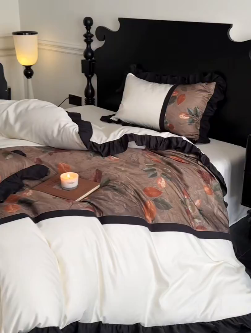 91家纺网 家纺一手货源 找家纺 帝王家纺 2025爆款双面水洗天丝印花冰丝四件套夏季床单被套-香叶 礼盒包装 香叶-咖