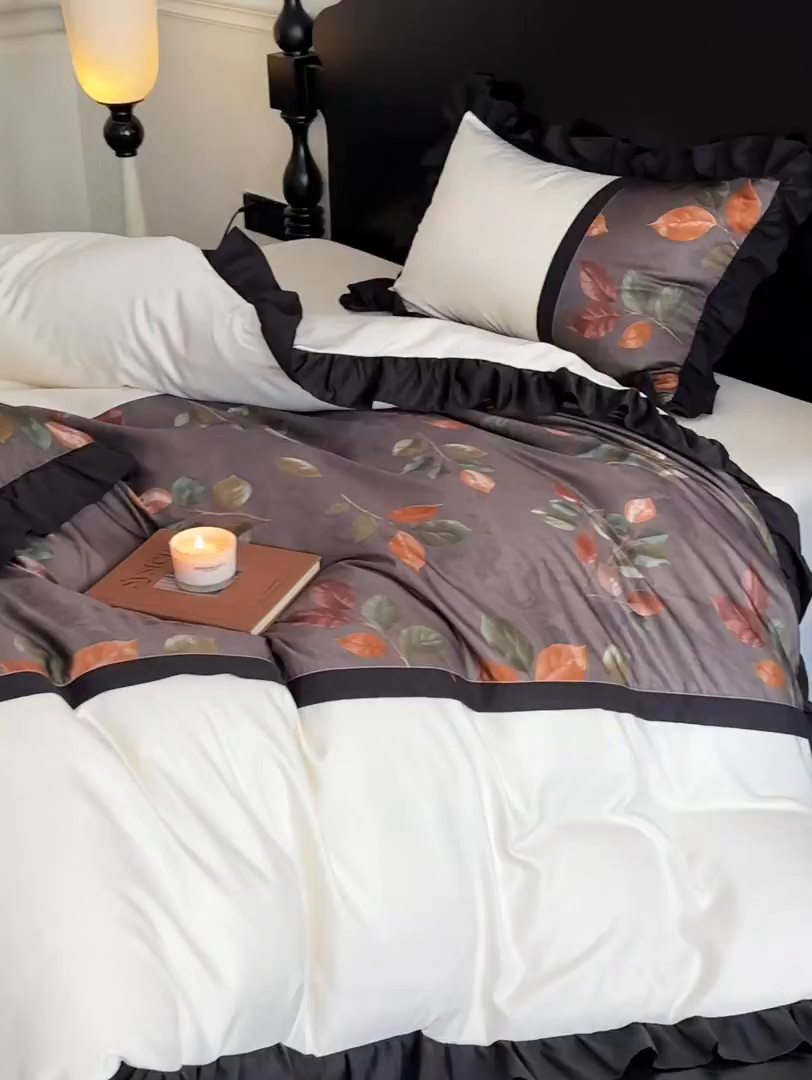 91家纺网 家纺一手货源 找家纺 帝王家纺 2025爆款双面水洗天丝印花冰丝四件套夏季床单被套-香叶 礼盒包装 香叶-棕