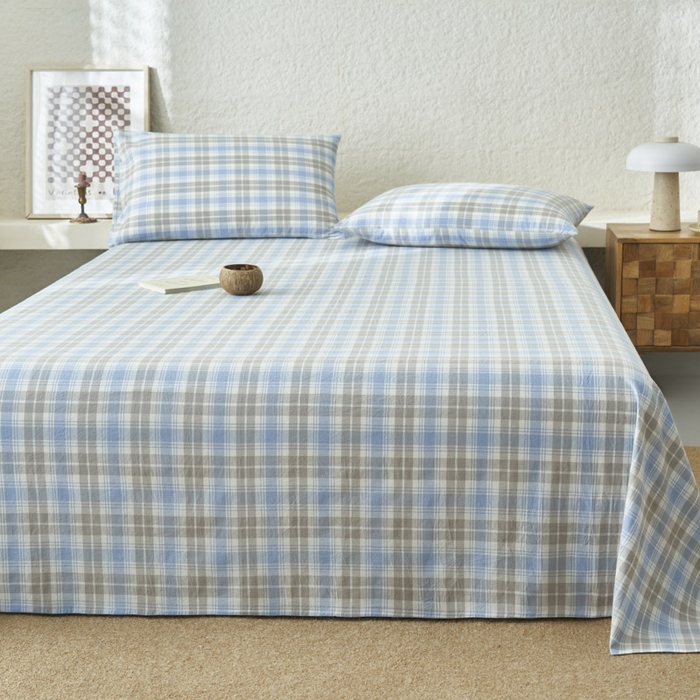 91家纺网 家纺一手货源 找家纺 早晨家纺 2025新款色织纯棉水洗棉床单 森迪-蓝