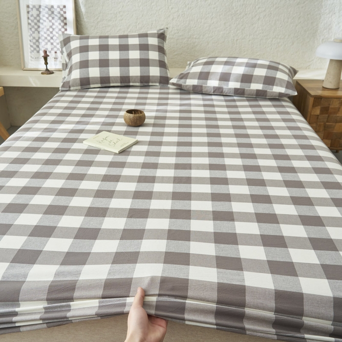 91家纺网 家纺一手货源 找家纺 早晨家纺 2025新款色织纯棉水洗棉床笠 灰中格