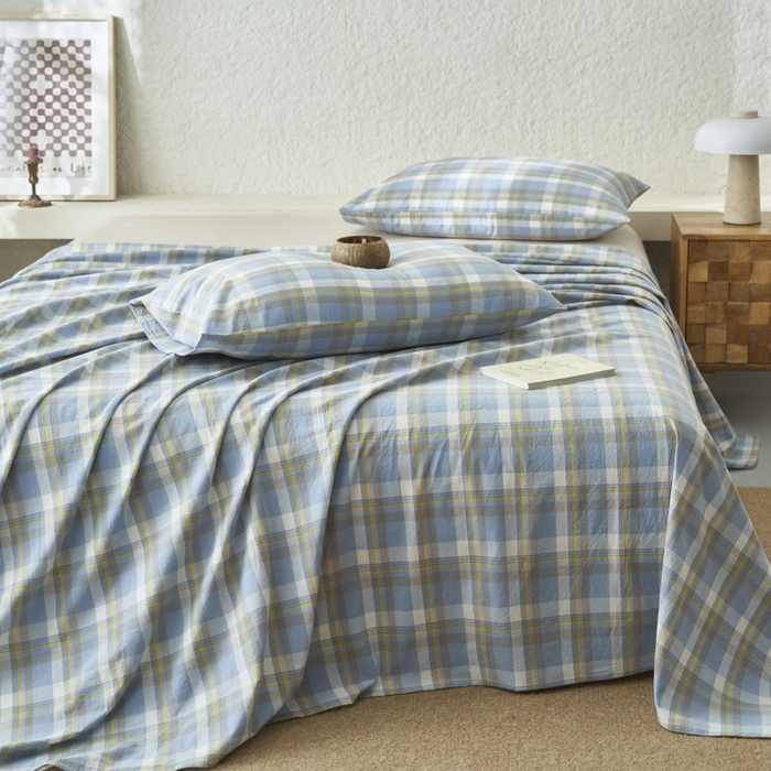 91家纺网 家纺一手货源 找家纺 早晨家纺 2025新款色织纯棉水洗棉床单 简兮-蓝