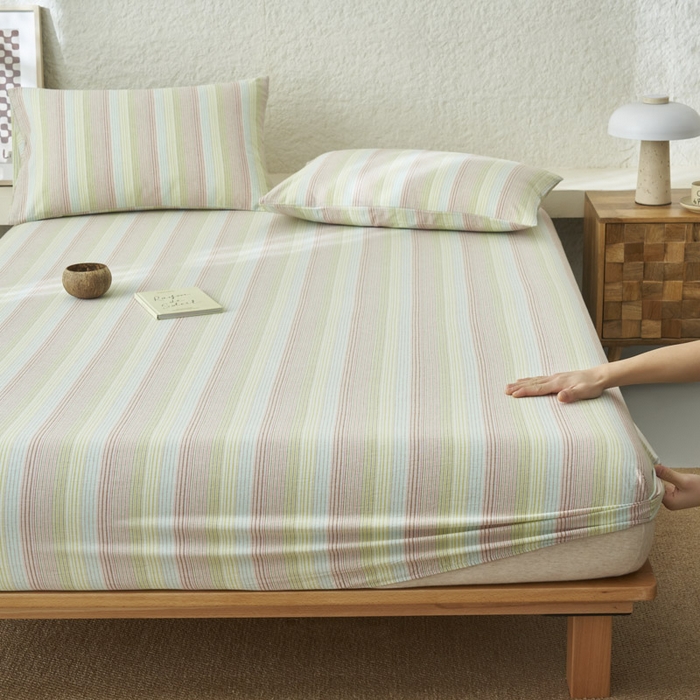 91家纺网 家纺一手货源 找家纺 早晨家纺 2025新款色织纯棉水洗棉床笠 克鲁奇-绿