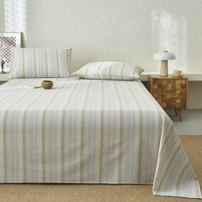 91家纺网 家纺一手货源 找家纺 早晨家纺 2025新款色织纯棉水洗棉床单 凯西亚-蓝