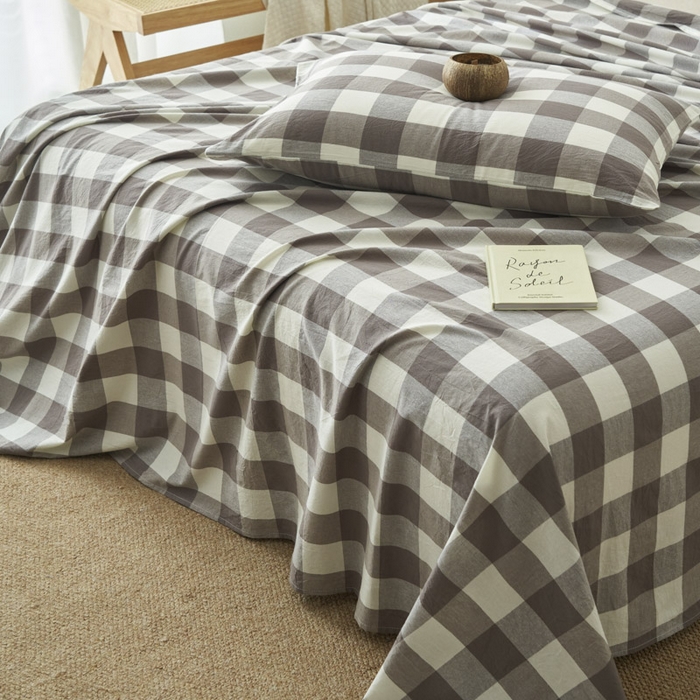 91家纺网 家纺一手货源 找家纺 早晨家纺 2025新款色织纯棉水洗棉床单 灰中格