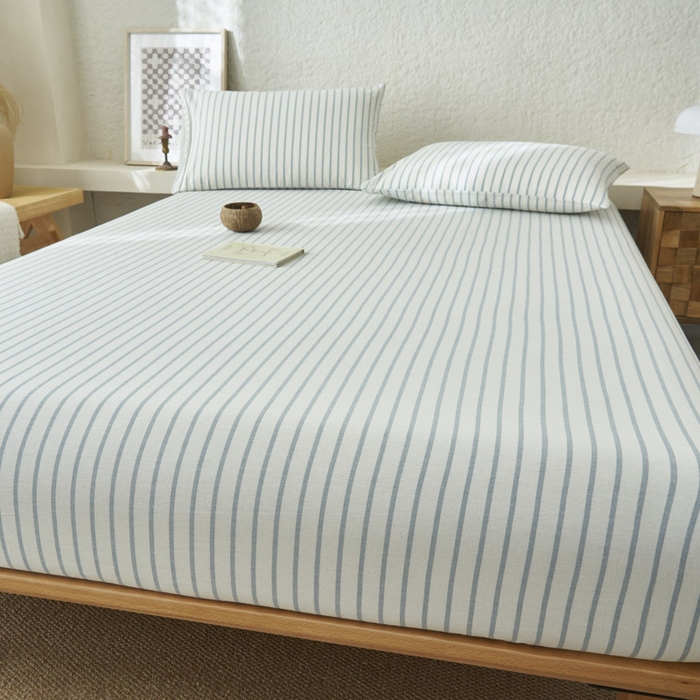 91家纺网 家纺一手货源 找家纺 早晨家纺 2025新款色织纯棉水洗棉床笠 格律时尚-浅兰