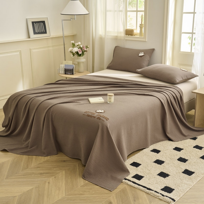 91家纺网 家纺一手货源 找家纺 早晨家纺 2025新款纯棉华夫格床单 纯棉华夫格床单-咖色