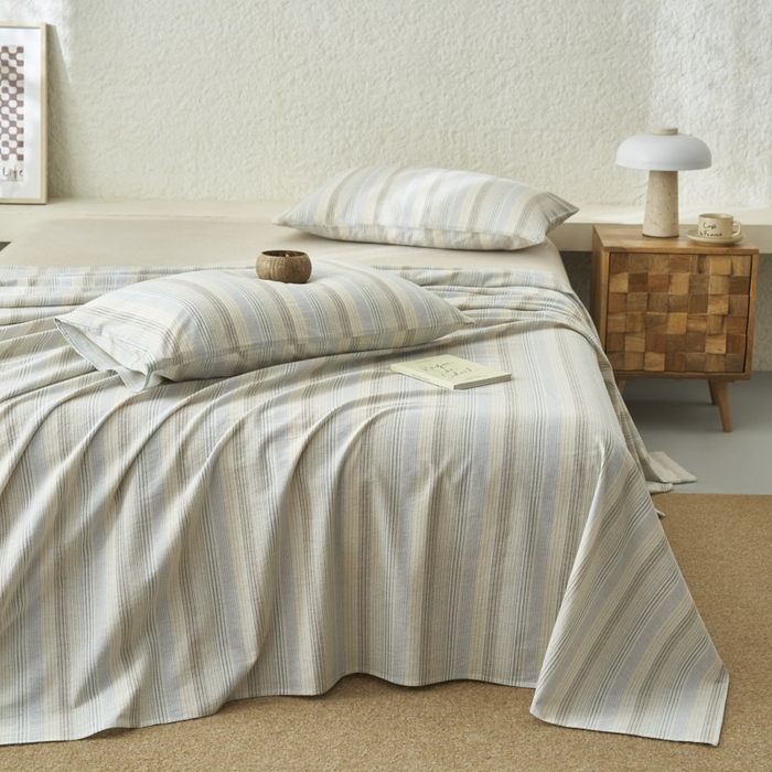 91家纺网 家纺一手货源 找家纺 早晨家纺 2025新款色织纯棉水洗棉床单 凯西亚-蓝