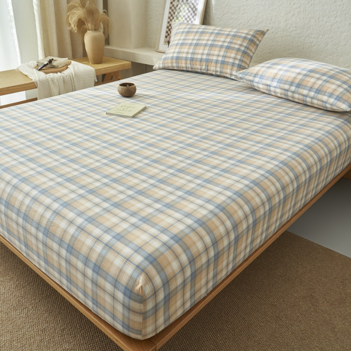 91家纺网 家纺一手货源 找家纺 早晨家纺 2025新款色织纯棉水洗棉床笠 云舒-咖