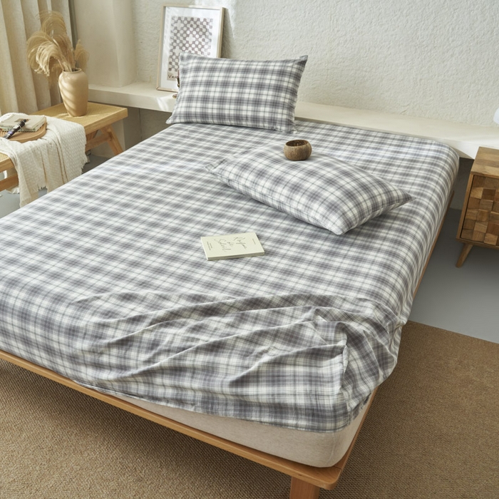 91家纺网 家纺一手货源 找家纺 早晨家纺 2025新款色织纯棉水洗棉床笠 轩尼诗-灰