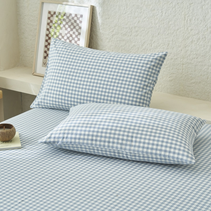 91家纺网 家纺一手货源 找家纺 早晨家纺 2025新款色织纯棉水洗棉床单 蓝小格