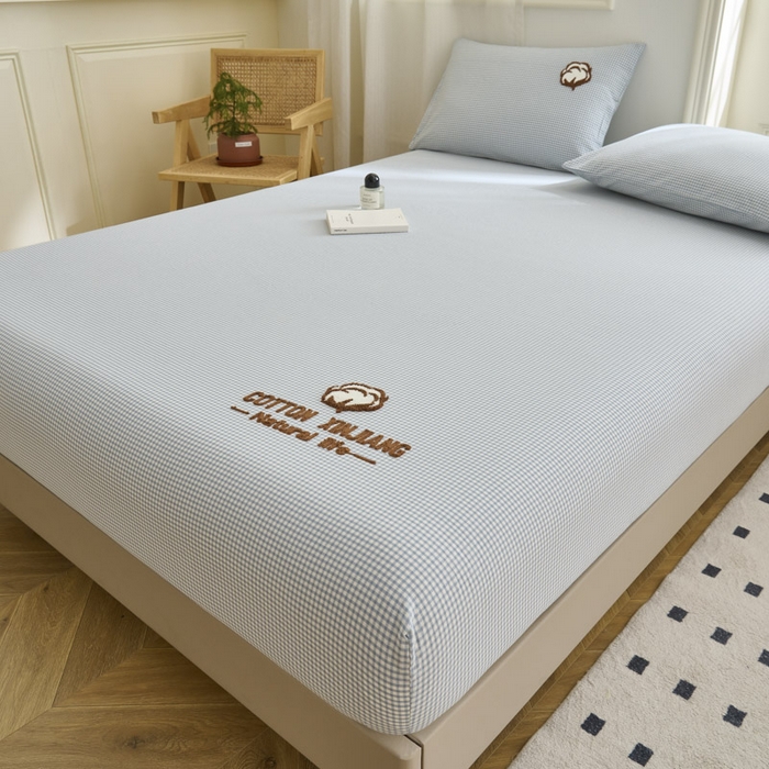 91家纺网 家纺一手货源 找家纺 早晨家纺 2025新款色织纯棉水洗棉毛巾绣床笠 星曜床笠-浅兰