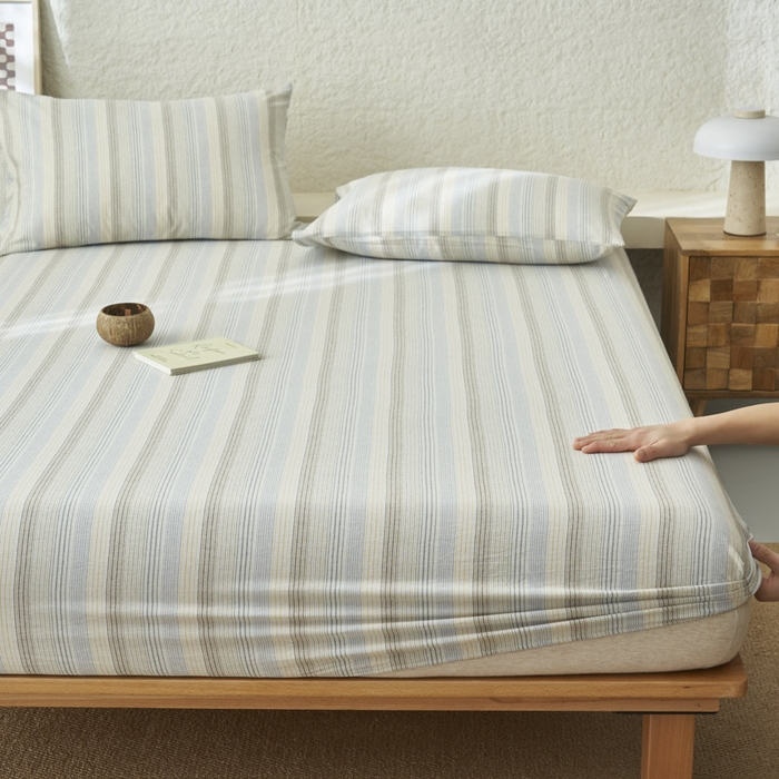 91家纺网 家纺一手货源 找家纺 早晨家纺 2025新款色织纯棉水洗棉床笠 凯西亚-蓝