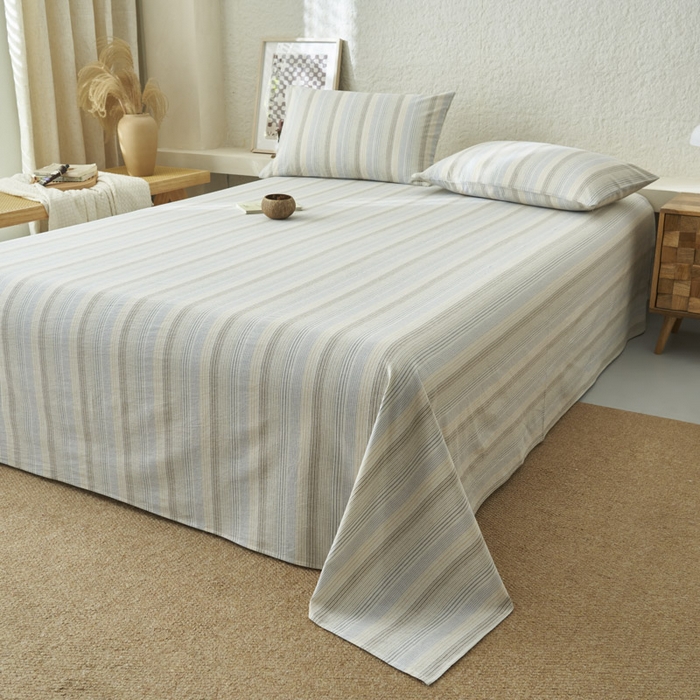 91家纺网 家纺一手货源 找家纺 早晨家纺 2025新款色织纯棉水洗棉床单 凯西亚-蓝