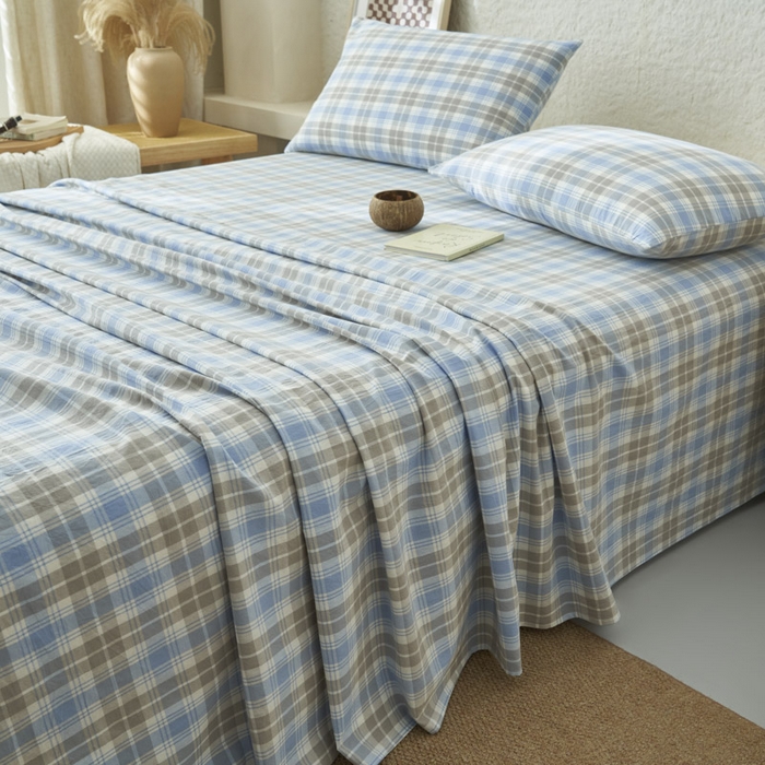 91家纺网 家纺一手货源 找家纺 早晨家纺 2025新款色织纯棉水洗棉床单 森迪-蓝