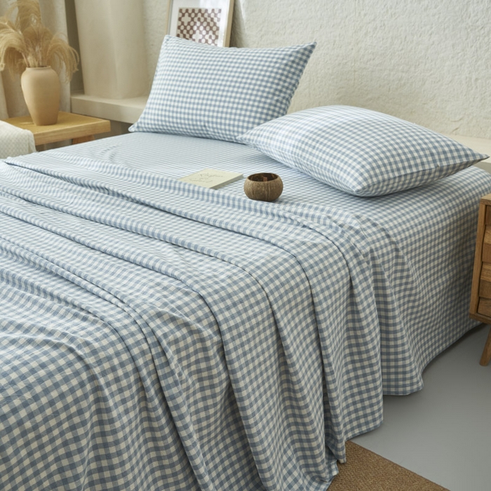 91家纺网 家纺一手货源 找家纺 早晨家纺 2025新款色织纯棉水洗棉床单 蓝小格