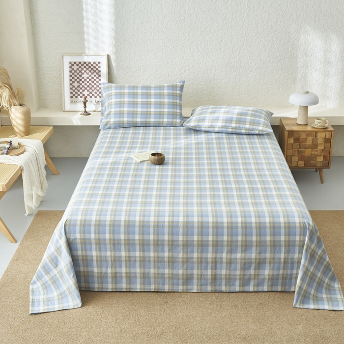 91家纺网 家纺一手货源 找家纺 早晨家纺 2025新款色织纯棉水洗棉床单 简兮-蓝