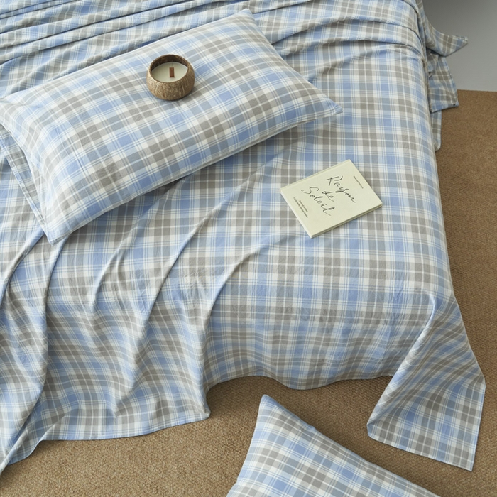 91家纺网 家纺一手货源 找家纺 早晨家纺 2025新款色织纯棉水洗棉床单 森迪-蓝