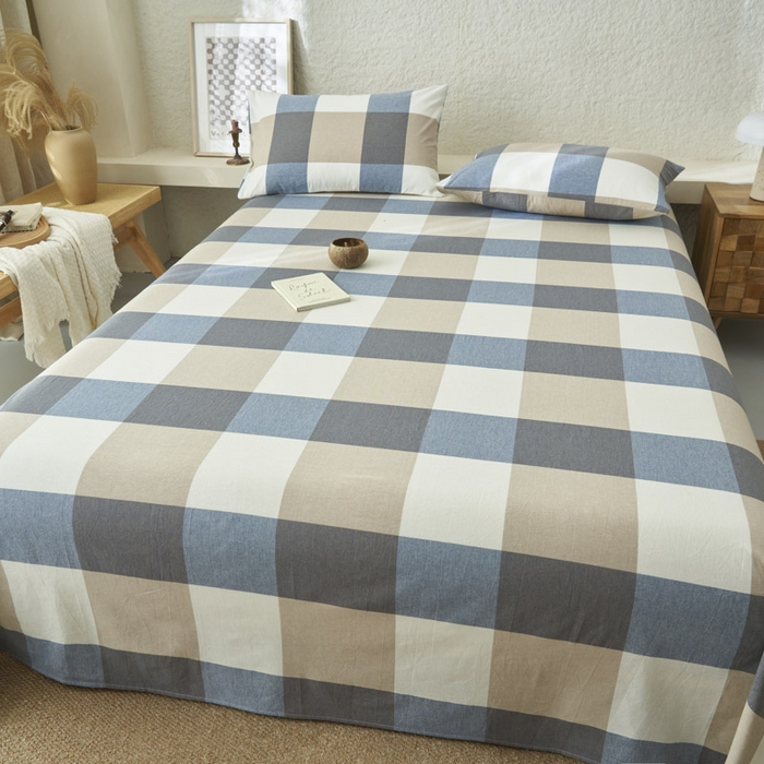 91家纺网 家纺一手货源 找家纺 早晨家纺 2025新款色织纯棉水洗棉床单 蓝大格