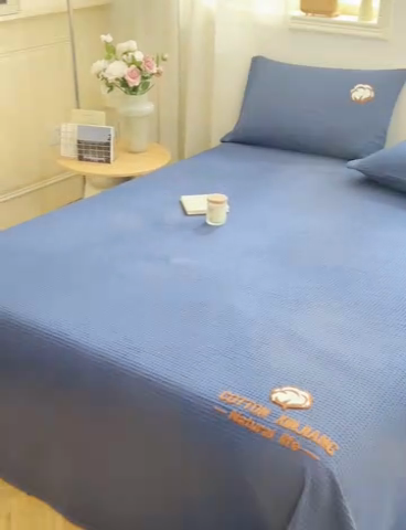 91家纺网 家纺一手货源 找家纺 早晨家纺 2025新款纯棉华夫格床单 纯棉华夫格床单-牛仔蓝