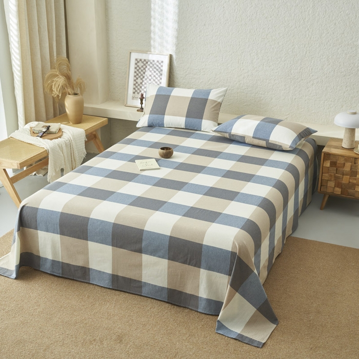 91家纺网 家纺一手货源 找家纺 早晨家纺 2025新款色织纯棉水洗棉床单 蓝大格