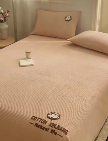 91家纺网 家纺一手货源 找家纺 早晨家纺 2025新款纯棉华夫格床单 纯棉华夫格床单-杏色