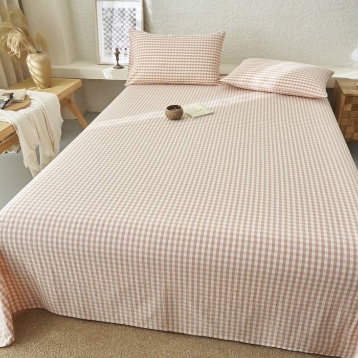 91家纺网 家纺一手货源 找家纺 早晨家纺 2025新款色织纯棉水洗棉床单 粉小格