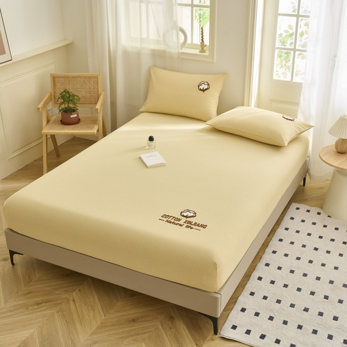 91家纺网 家纺一手货源 找家纺 早晨家纺 2025新款色织纯棉水洗棉毛巾绣床笠 星曜床笠-姜黄