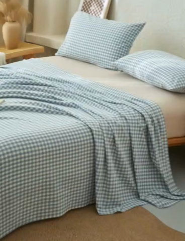 91家纺网 家纺一手货源 找家纺 早晨家纺 2025新款色织纯棉水洗棉床单 蓝小格