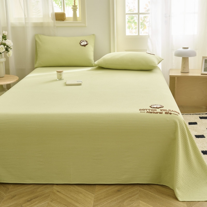 91家纺网 家纺一手货源 找家纺 早晨家纺 2025新款纯棉华夫格床单 纯棉华夫格床单-黄绿