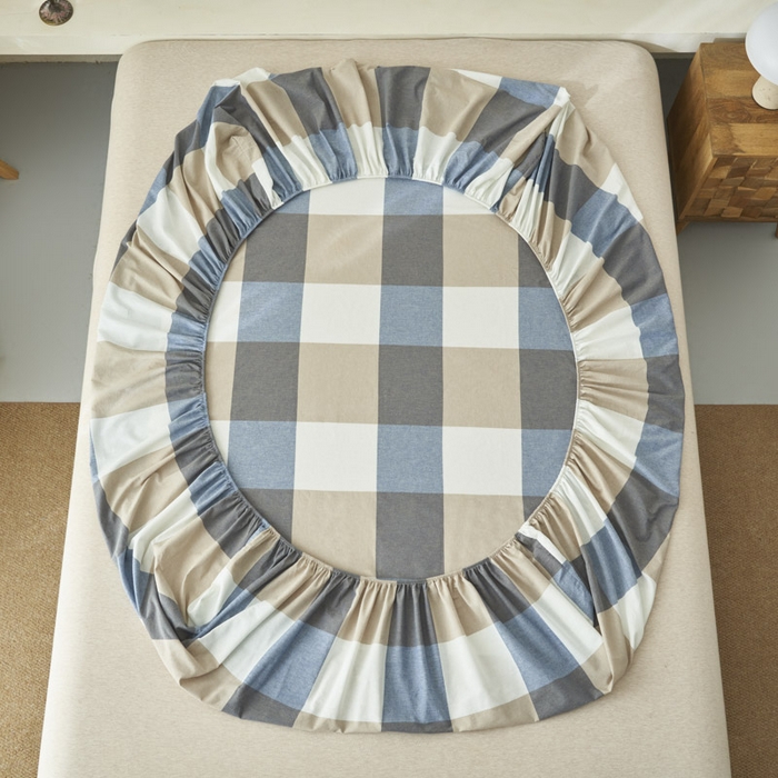 91家纺网 家纺一手货源 找家纺 早晨家纺 2025新款色织纯棉水洗棉床笠 蓝大格