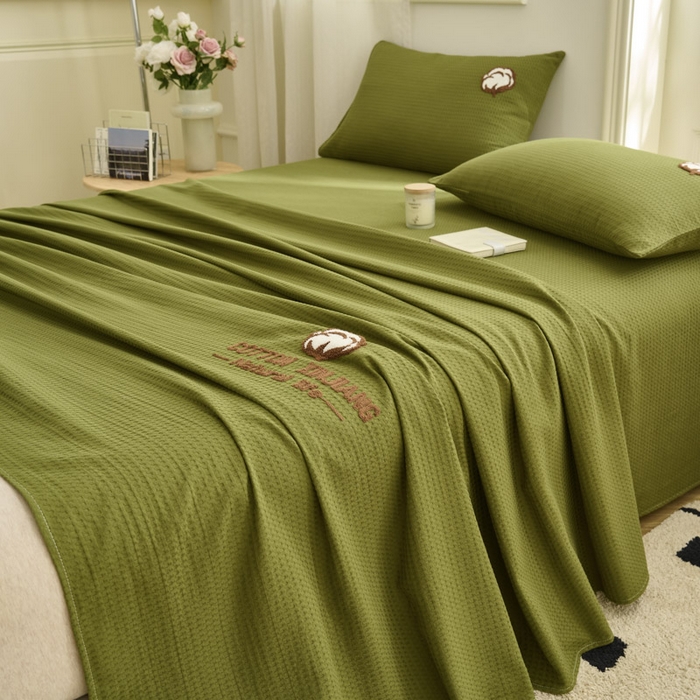91家纺网 家纺一手货源 找家纺 早晨家纺 2025新款纯棉华夫格床单 纯棉华夫格床单-橄榄绿