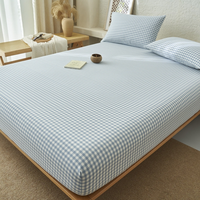 91家纺网 家纺一手货源 找家纺 早晨家纺 2025新款色织纯棉水洗棉床笠 蓝小格