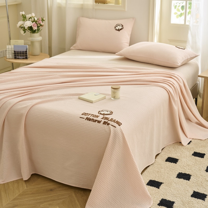 91家纺网 家纺一手货源 找家纺 早晨家纺 2025新款纯棉华夫格床单 纯棉华夫格床单-玉色