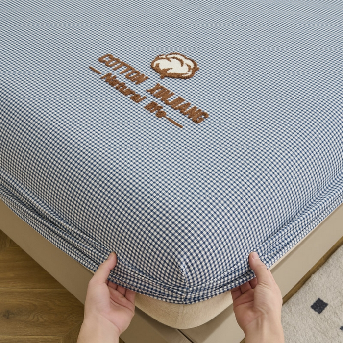 91家纺网 家纺一手货源 找家纺 早晨家纺 2025新款色织纯棉水洗棉毛巾绣床笠 星曜床笠-深蓝